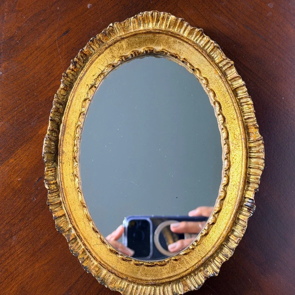 Vintage Italian Gold Gilt Oval Wall Mirror Hand Gilded Hollywood Regency Decor